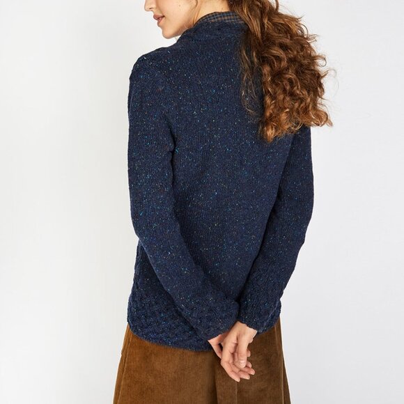 Irelands Eye Islander Wool Cashmere Horseshoe Cable Knit Cardigan Navy Blue Cozy - Picture 2 of 12